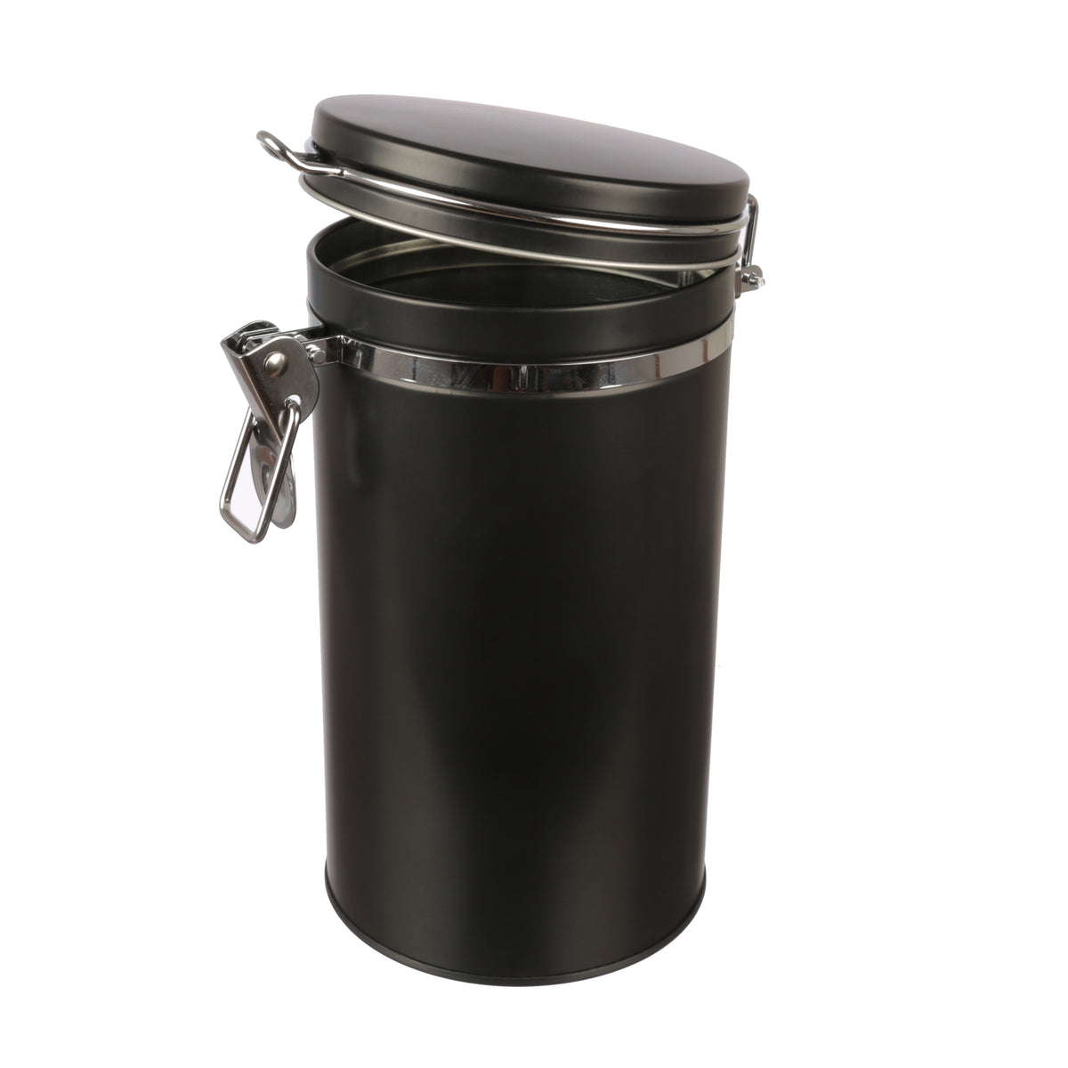 Zwei schwarze Kaffee- und Vorratsdosen mit Klappdeckeln und Verschlüssen sind sichtbar.