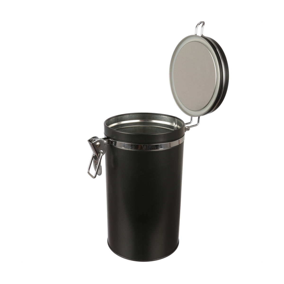 Schwarze Kaffee- und Vorratsdose mit Bügelverschluss, Deckel geöffnet. Zweierpack sichtbar.