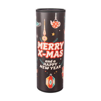Weihnachtsverpackung mit Rimoco Gewürzen, festlichen Ornamenten und X-Mas-Schriftzug.