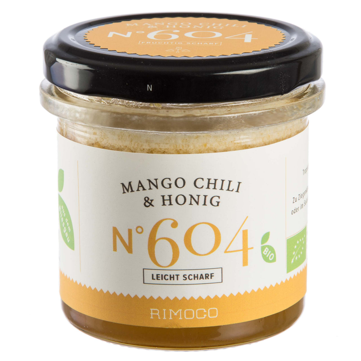 Mango, Chili & Honig Aufstrich im Glas mit Etikett leicht scharf.