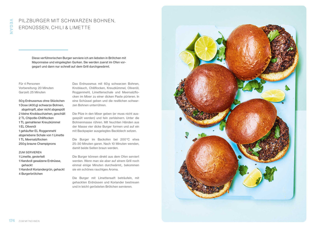 Fünf Pilz-Bohnen-Burger mit frischem Koriander und Limettenstücken belegt.