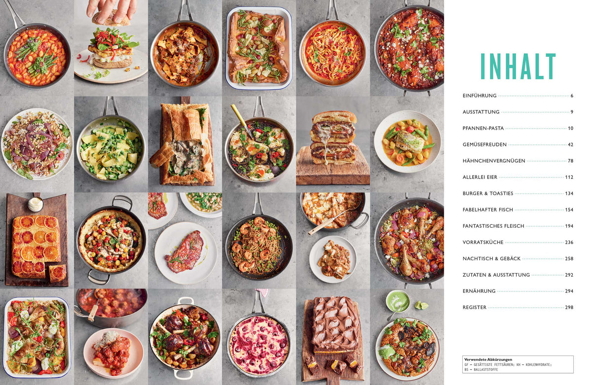 Bunte Gerichte wie Pfannen-Pasta, Pizza und Salat, inspiriert von ONE von Jamie Oliver, im Raster.