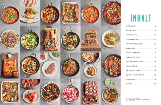Bunte Gerichte wie Pfannen-Pasta, Pizza und Salat, inspiriert von ONE von Jamie Oliver, im Raster.