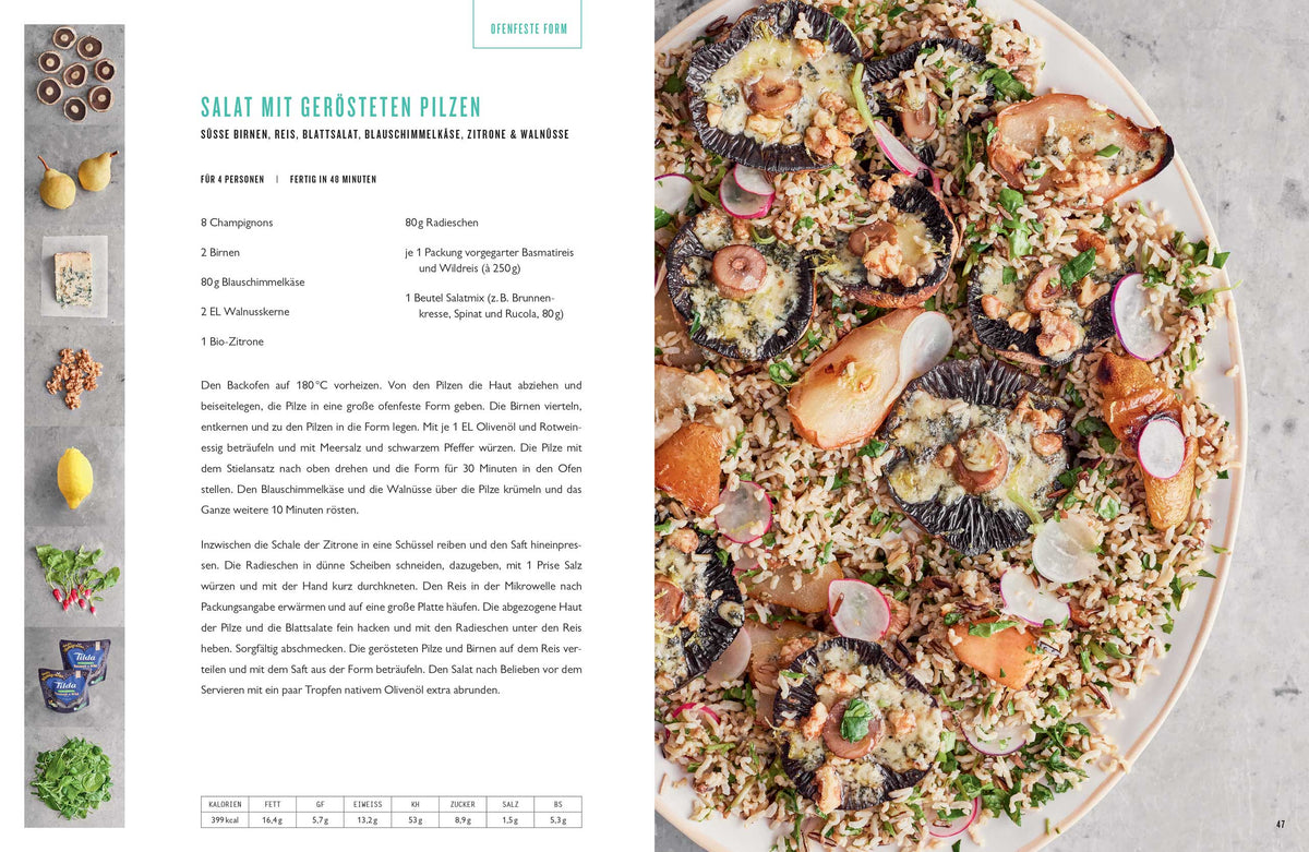 Großer Teller Salat mit Pilzen, Reis, Grünem und Nüssen, daneben Rezeptseite aus ONE von Jamie Oliver.