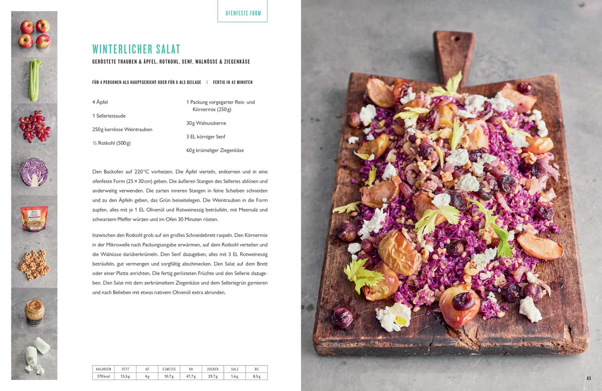 Bunter Wintersalat mit geröstetem Gemüse neben der Rezeptseite aus ONE von Jamie Oliver.
