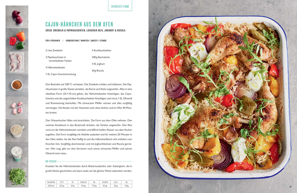 Gebackenes Cajun-Hähnchen mit Gemüse und Kräutern in einer eckigen ONE Jamie Oliver Auflaufform.