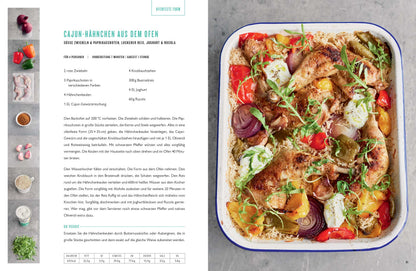 Gebackenes Cajun-Hähnchen mit Gemüse und Kräutern in einer eckigen ONE Jamie Oliver Auflaufform.