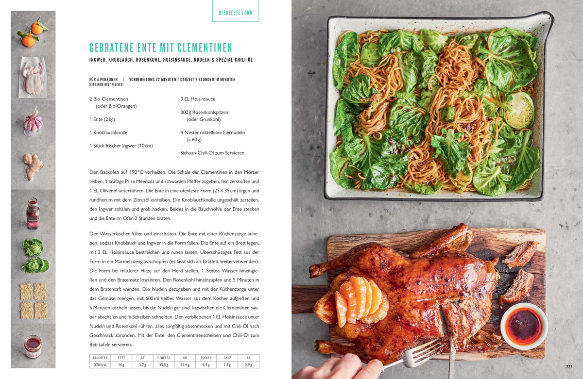 Geröstete Ente, Nudelsalat, Pfannenpasta und Gemüsegerichte aus ONE von Jamie Oliver.