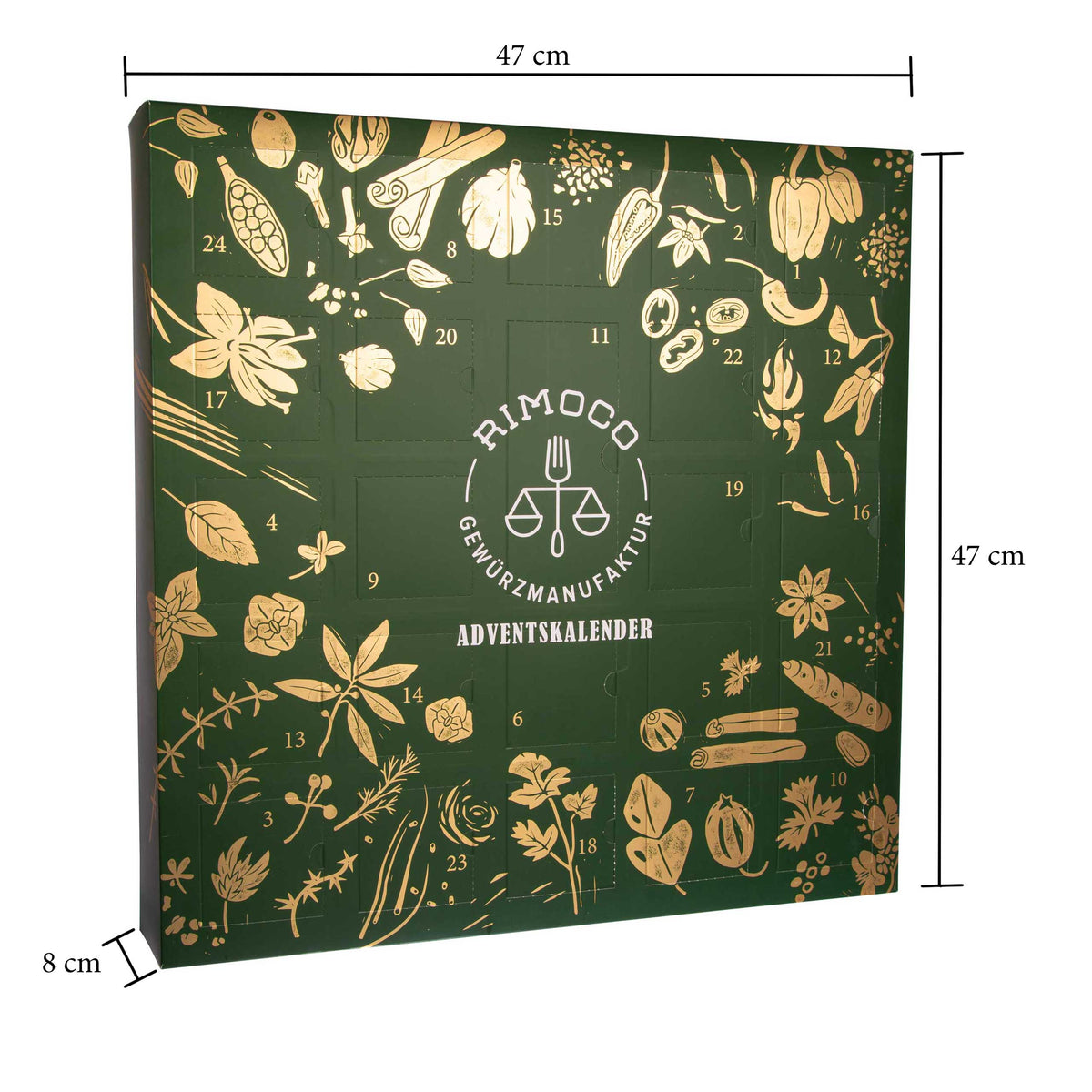Bio Gewürz Adventskalender in Grün und Gold mit Abbildungen von Gewürzen auf der Vorderseite.