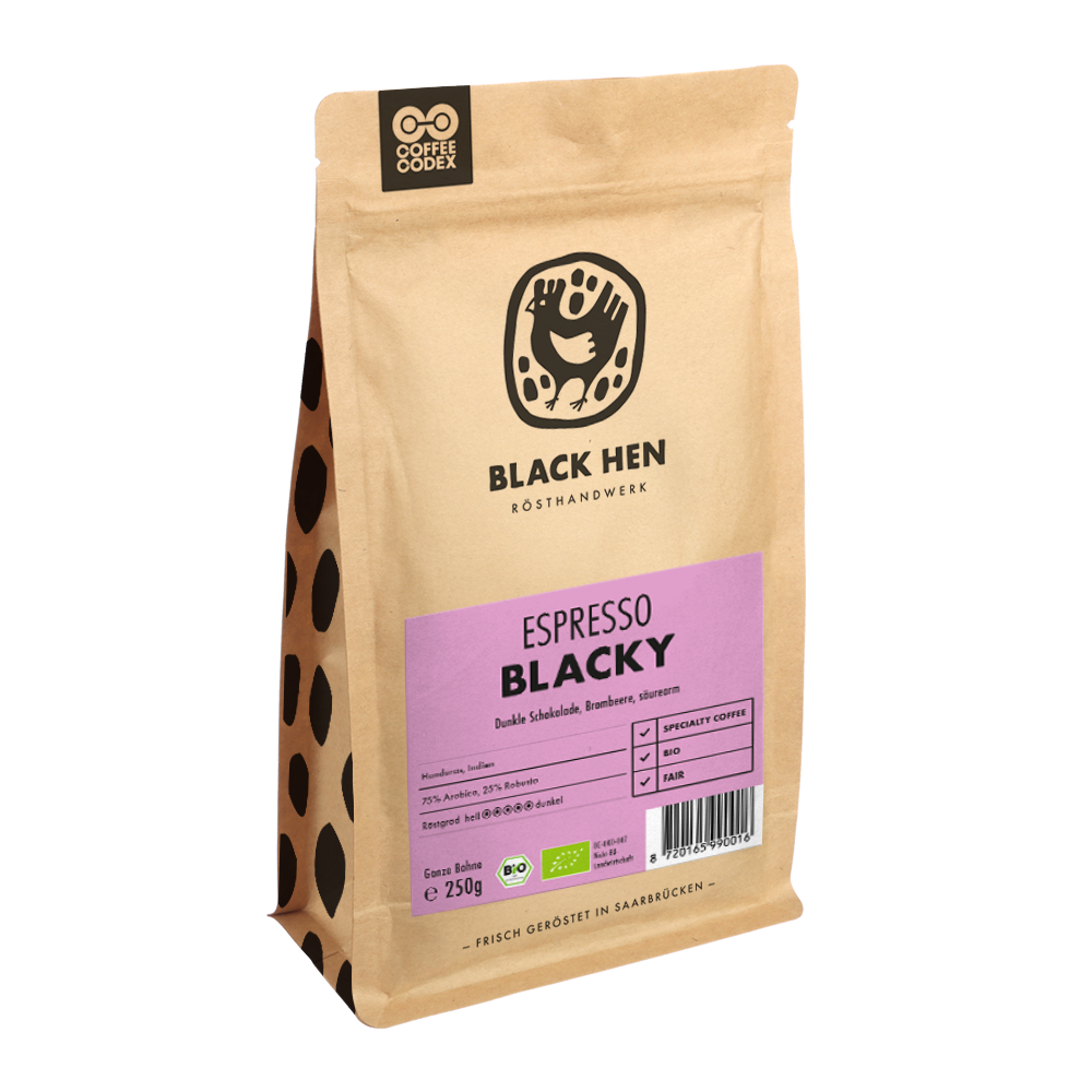 Bio Espresso BLACKY Kaffee in einer Tüte mit violettem Frontetikett.
