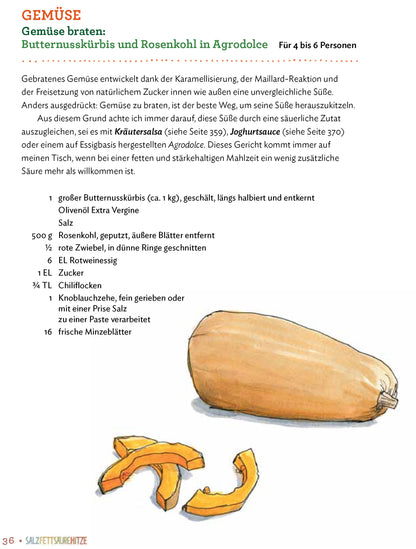 Ein Teller mit Butternuss-Kürbis, Kräutern, rosa Salzflocken und Sauce.