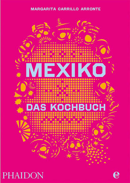 Pinkes Cover des Geschenksets Mexiko mit gelben Totenköpfen, Blumen und festlichen Mustern.