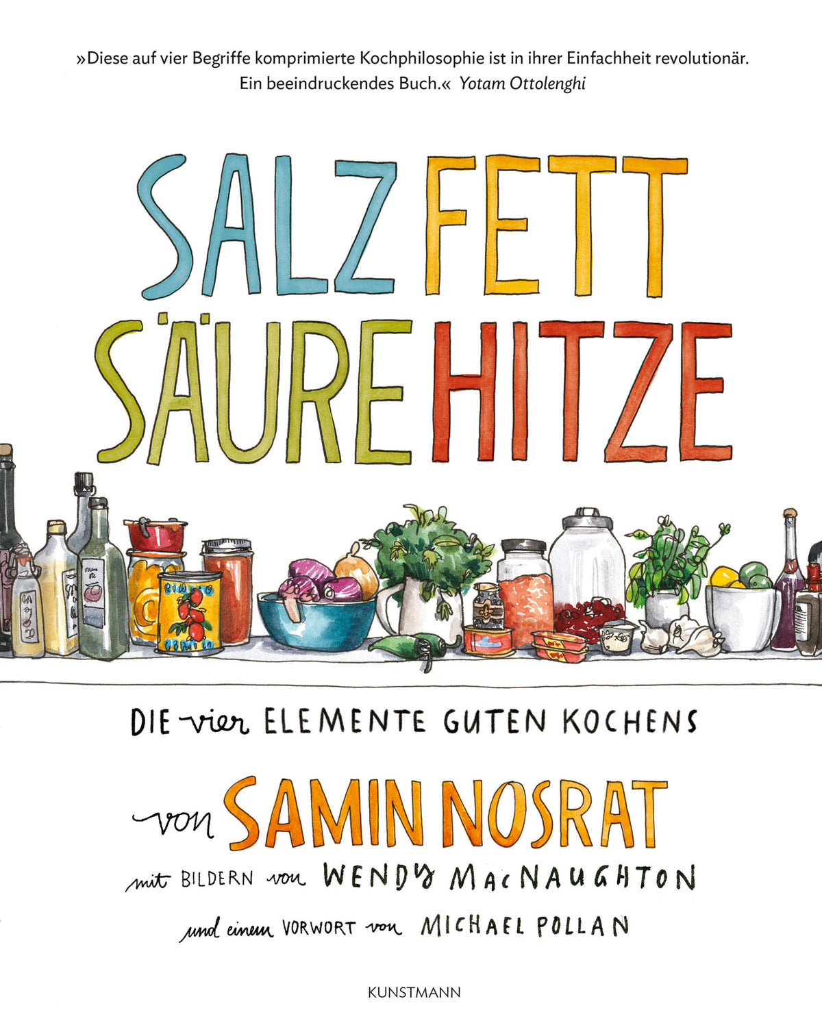 Buchcover Geschenkset Salz Fett Säure Hitze mit gezeichneten Küchenzutaten und Kochutensilien.