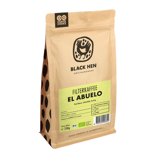 Bio Filterkaffee EL ABUELO in brauner Tüte steht aufrecht.