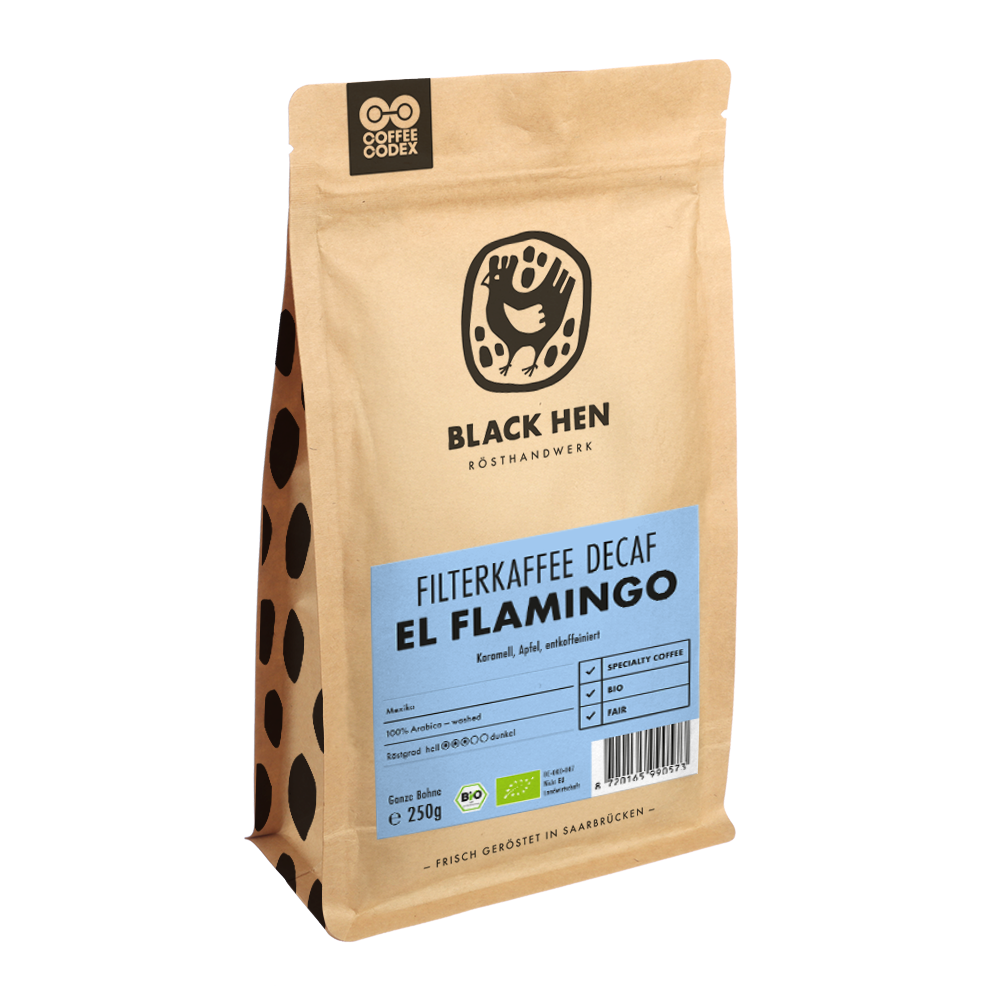 Bio Kaffee entkoffeiniert EL FLAMINGO in brauner Tüte mit blauem Etikett auf der Vorderseite.