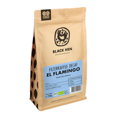 Bio Kaffee entkoffeiniert EL FLAMINGO in brauner Tüte mit blauem Etikett auf der Vorderseite.