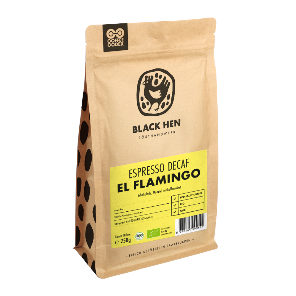 Bio Espresso entkoffeiniert EL FLAMINGO in einer braunen Tüte vor weißem Hintergrund.