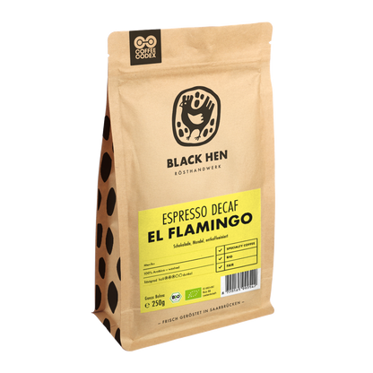 Bio Espresso entkoffeiniert EL FLAMINGO in einer braunen Tüte vor weißem Hintergrund.