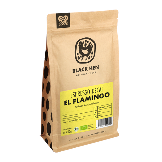 Bio Espresso entkoffeiniert EL FLAMINGO in einer braunen Tüte vor weißem Hintergrund.
