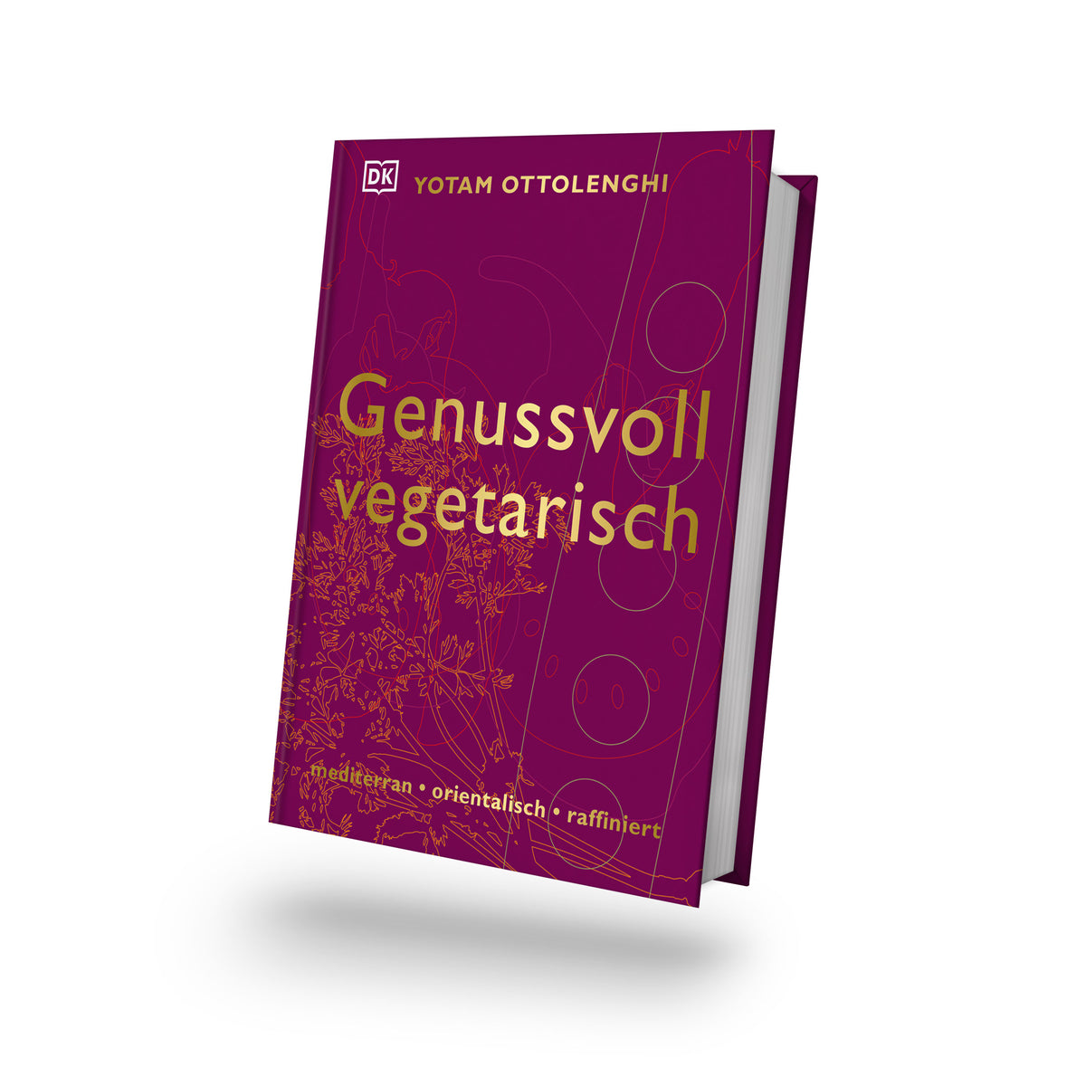 Genussvoll vegetarisch von Yotam Ottolenghi steht aufrecht mit sichtbarem Buchcover.