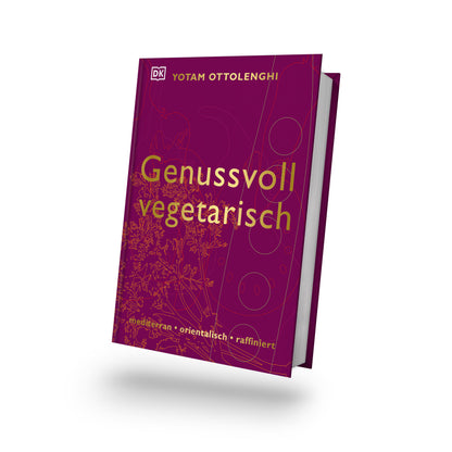Genussvoll vegetarisch von Yotam Ottolenghi steht aufrecht mit sichtbarem Buchcover.