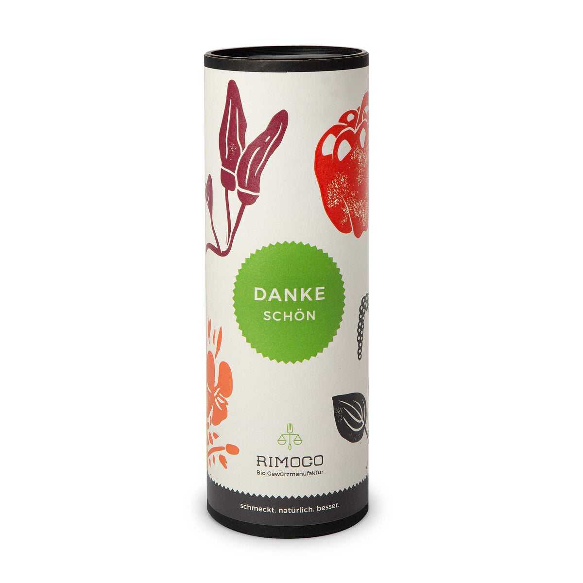 Zylindrische Geschenkverpackung mit Blumenmuster und grünem DANKESCHÖN-Etikett für Rimoco Gewürze.