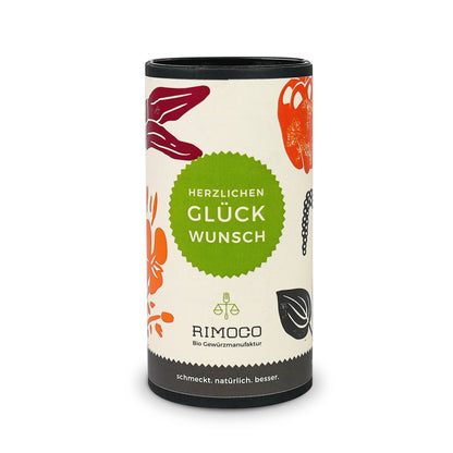Geschenkbox für 2 Rimoco-Gewürze, mit der Aufschrift „Herzlichen Glückwunsch“ und bunten Gewürzmotiven.