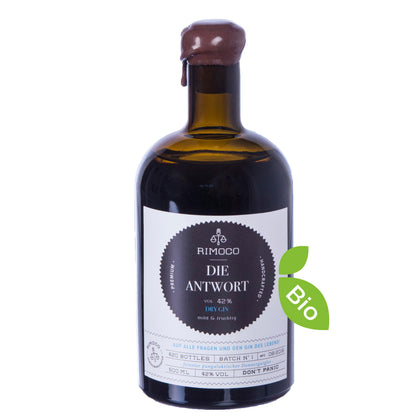 Braune Glasflasche Gin Geschenkset mit Wachssiegel und Etikett Bio Zitronenmyrte.
