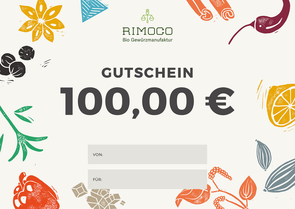 Rimoco Gutschein im Wert von 100 € mit Illustrationen verschiedener Gewürze auf der Vorderseite.