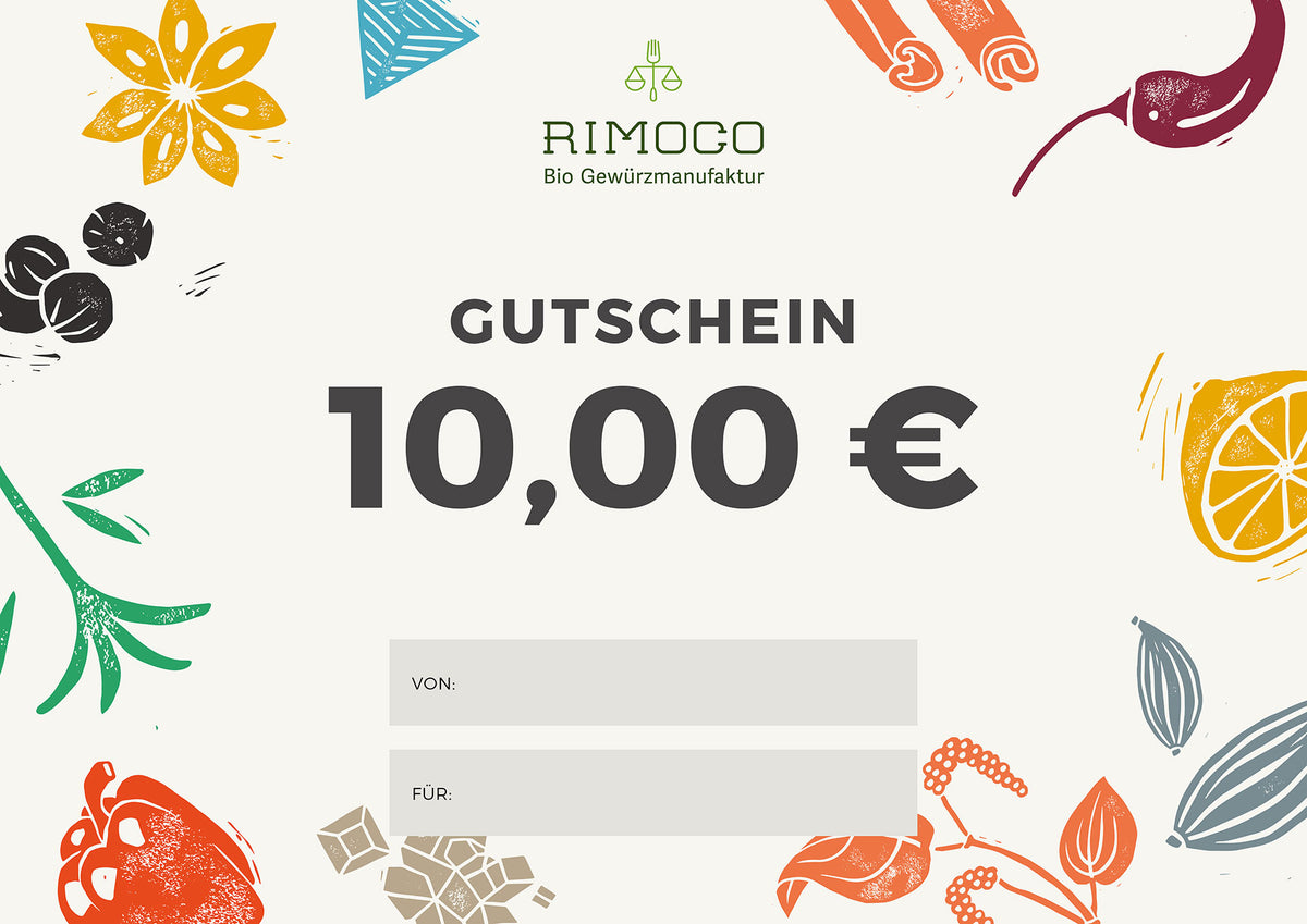 Rimoco 10 € Gutschein mit Gewürze-Illustrationen.