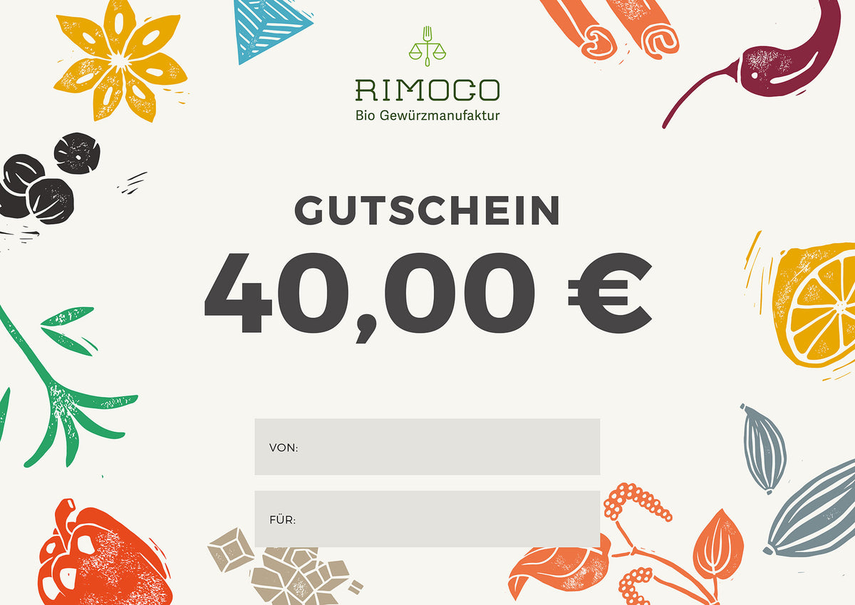 Gutschein über 40 € mit Gewürz-Illustrationen und freiem Feld für Namen.