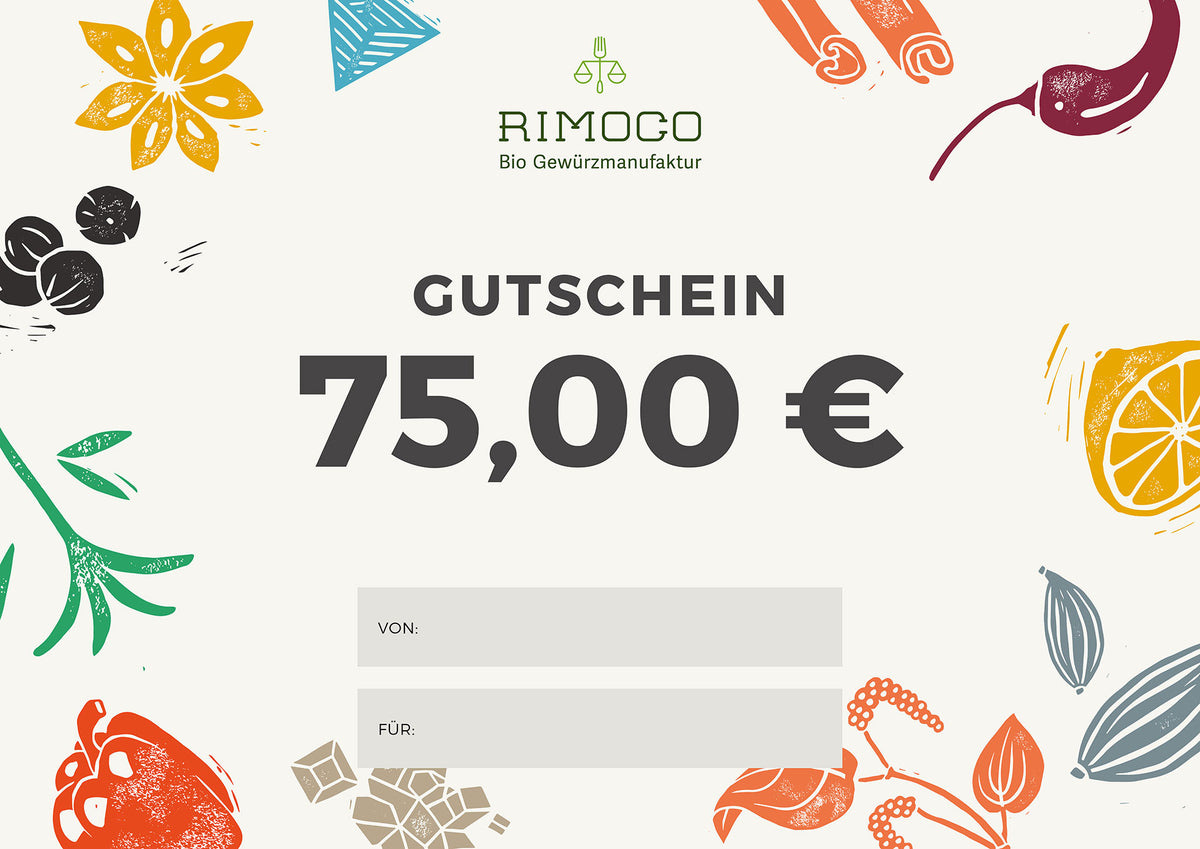 Rimoco Gutschein 75 € und Illustrationen von verschiedenen Gewürzen.