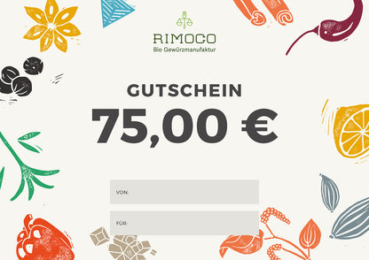 Rimoco Gutschein 75 € und Illustrationen von verschiedenen Gewürzen.