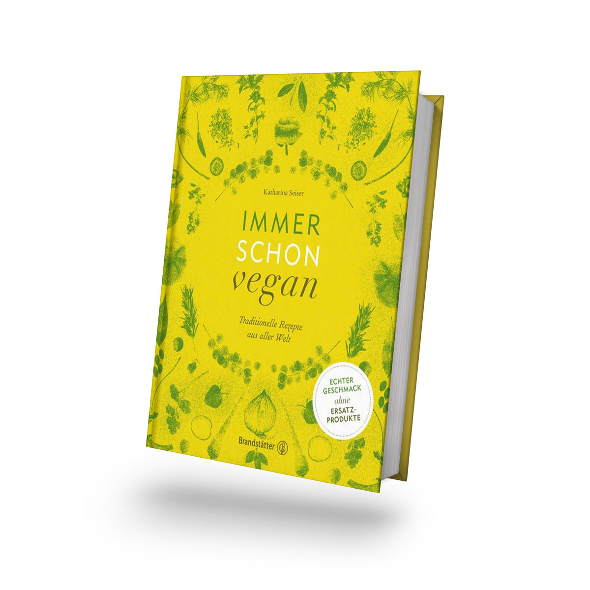 Gelbes Kochbuch Immer schon vegan mit Abbildungen von Speisen aus verschiedenen Ländern.