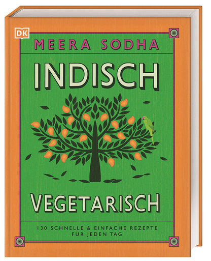 Geschenkset Indisch Vegetarisch, Buchcover mit stilisiertem Baum und orangem Rand.
