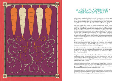 Illustration von drei Karotten mit wirbelnden Wurzeln und deutschem Text über indisch vegetarisch und Verwandtschaft.