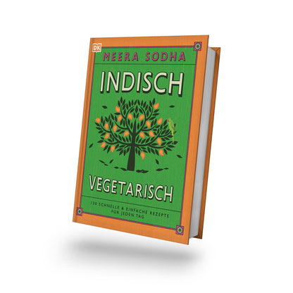 Indisch Vegetarisch Kochbuch mit indischen vegetarischen Rezepten und einer Baum-Illustration auf dem Cover.