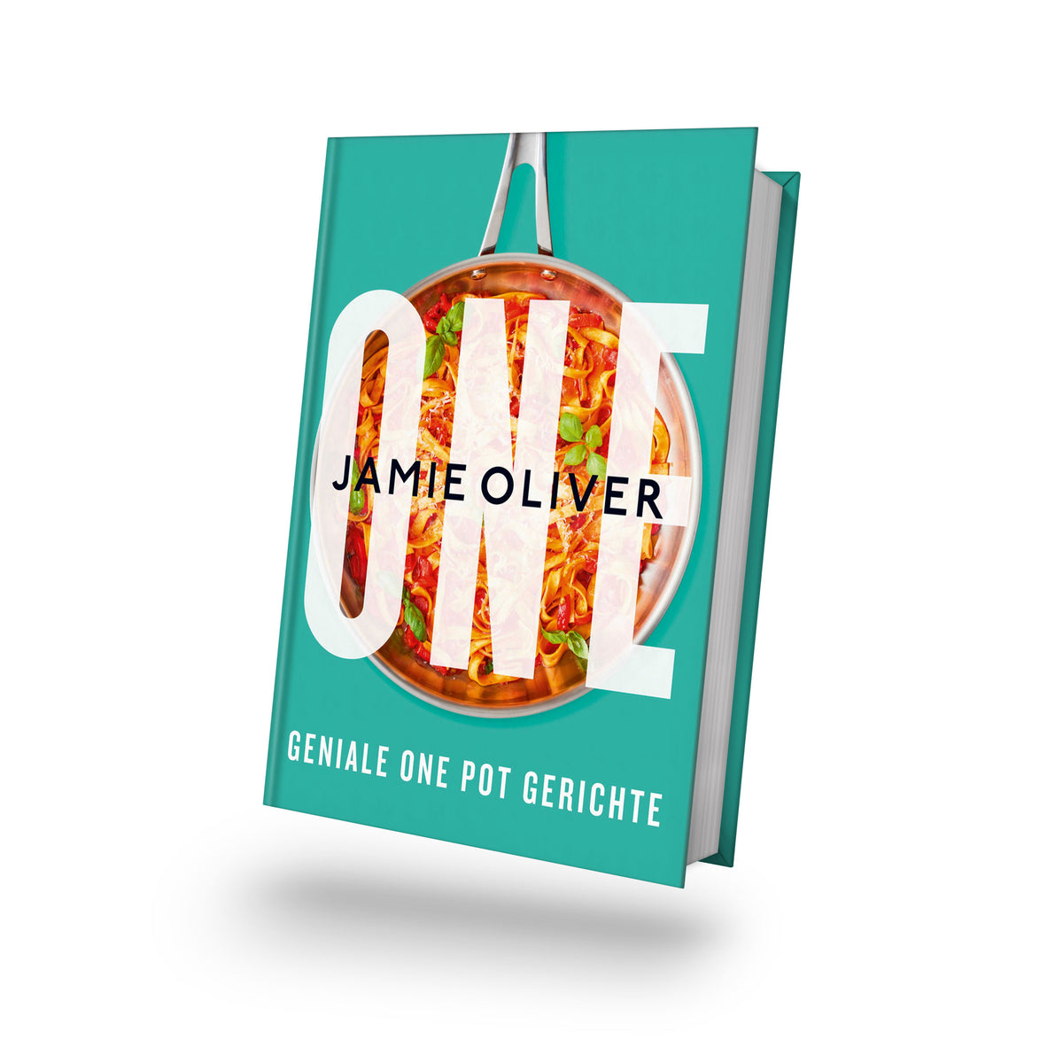 Pfanne mit Essen auf türkisem Hintergrund, Buchcover von ONE von Jamie Oliver.