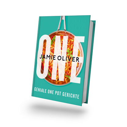 Pfanne mit Essen auf türkisem Hintergrund, Buchcover von ONE von Jamie Oliver.
