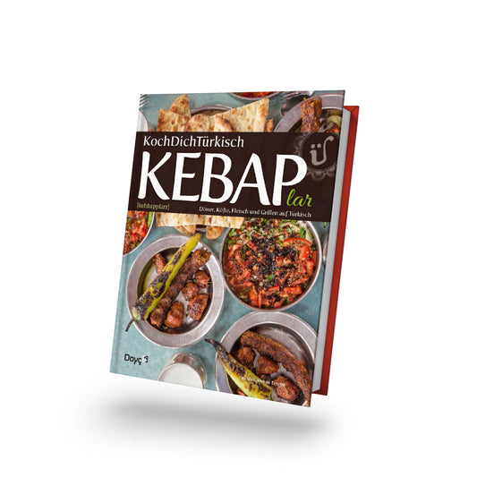 Mangal-Kebab, gegrilltes Gemüse und Brot auf dem Cover des KochDichTürkisch-KEBAP lar-Kochbuchs.