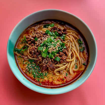 Bio Spicy Chili Crunch als Topping auf einer Schüssel Ramen mit Hackfleisch und Frühlingszwiebeln auf pinkem Tisch.