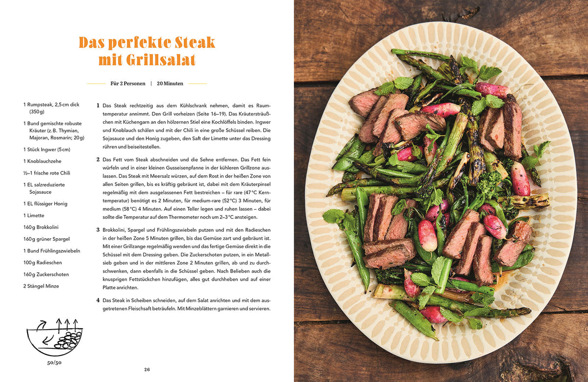 Ein Teller mit gegrilltem Steak-Salat, Spargel und Radieschen. Jamie Oliver – BBQ: Einfach genial grillen.