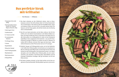 Ein Teller mit gegrilltem Steak-Salat, Spargel und Radieschen. Jamie Oliver – BBQ: Einfach genial grillen.