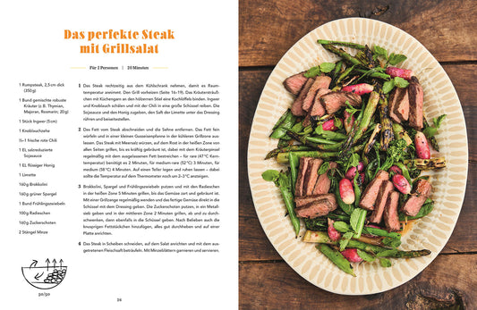 Ein Teller mit gegrilltem Steak-Salat, Spargel und Radieschen. Jamie Oliver – BBQ: Einfach genial grillen.