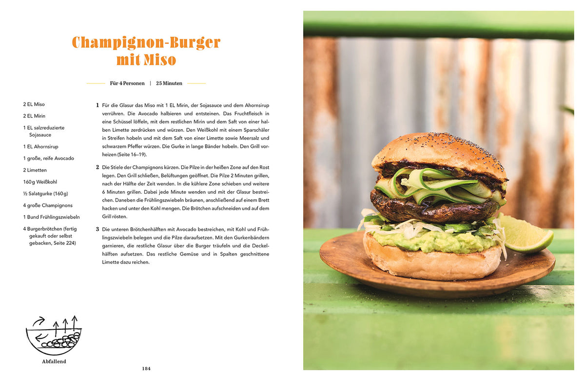 Auf einem Teller liegt ein Pilzburger mit Avocado und Salat.