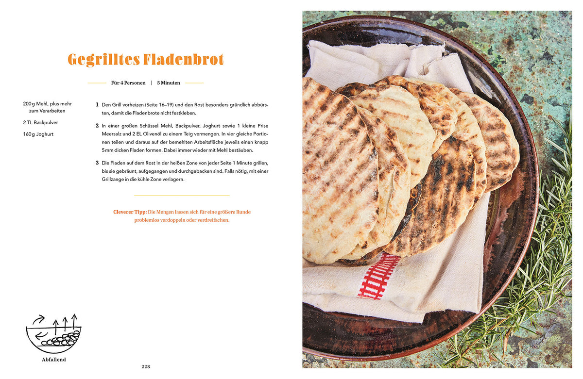 Gegrillte Fladenbrote mit Rosmarin und groben Bio-Gewürzen auf einem Holzbrett.