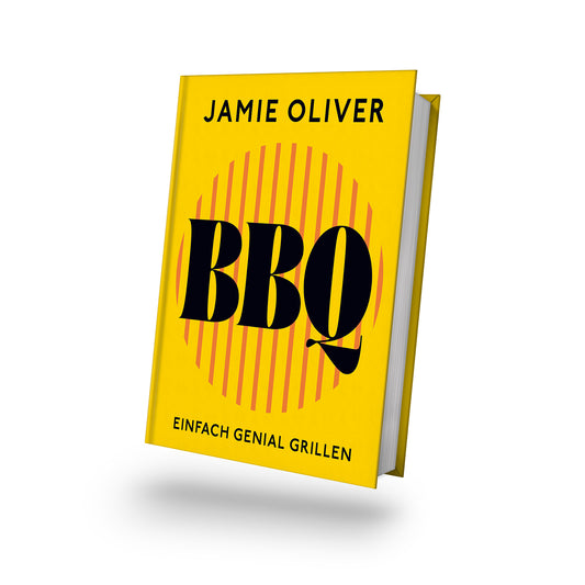 Jamie Oliver BBQ – Einfach genial grillen, das gelbe Grillbuch auf Deutsch, Buchcover von vorne sichtbar.