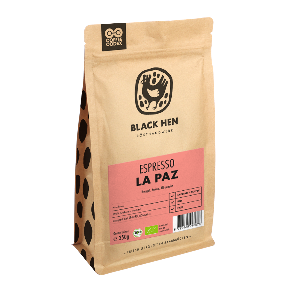 Bio Espresso LA PAZ Kaffee in brauner Tüte mit pinkem Etikett und schwarzem Huhn-Logo auf der Vorderseite.