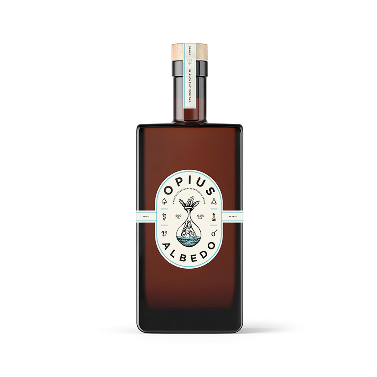 Rechteckige dunkle Glasflasche mit Etikett Opius Albedo.