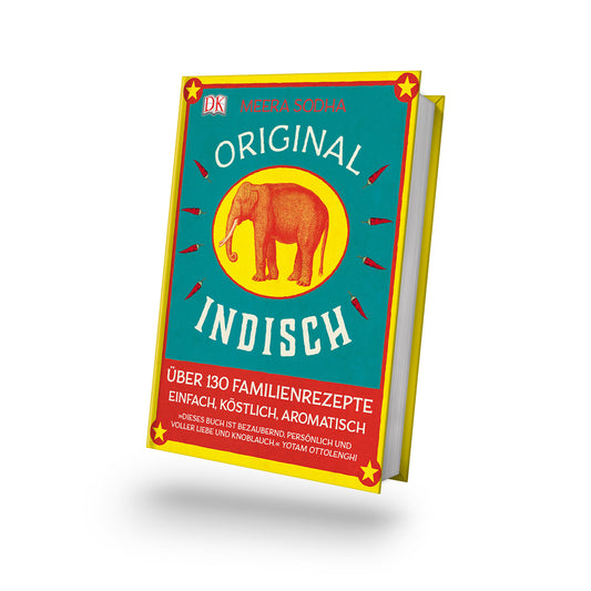 Original Indisch: Kochbuch mit vegetarischen Currys und indischer Küche, farbenfrohes Cover.